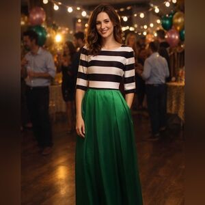 Full Length Dress Striped White & Black Top with Green Maxi Skirt Sz.S